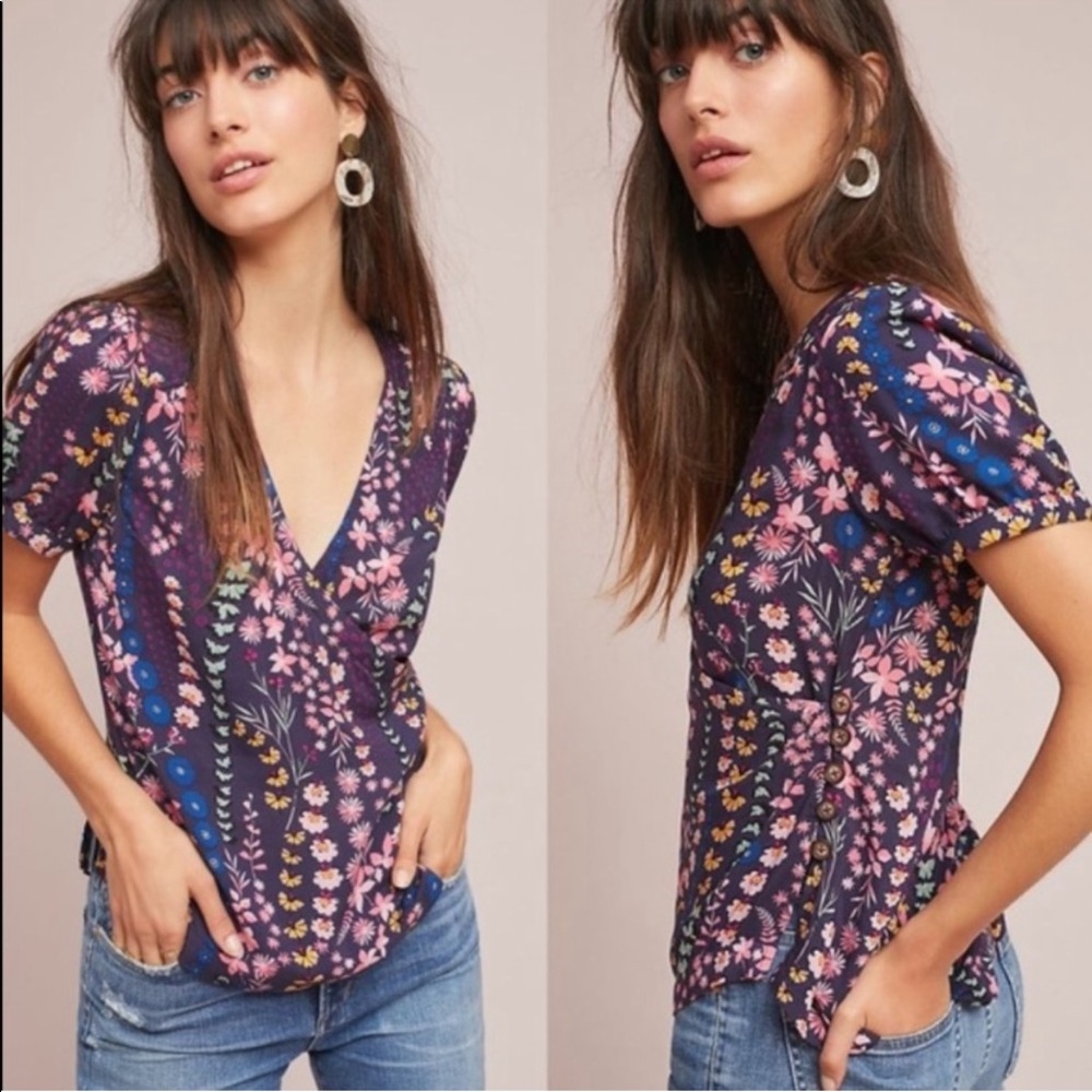 Anthropologie Meadow Rue Eldoret Wrap Front Blouse 14 Floral Purple Button Side